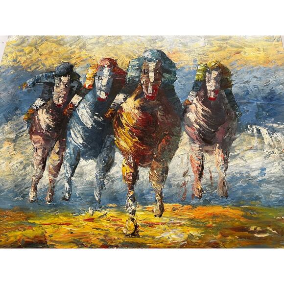 Horse Racing Painting Oil On Canvas Original Signed Davis Vintage Impressionist - Picture 1 of 11